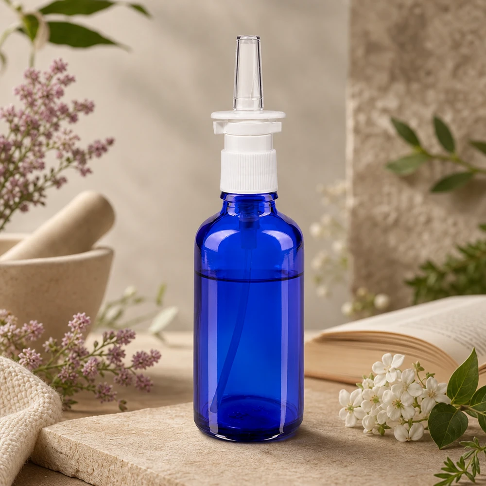 Apothekenflasche blau 50ml Nasenzerstäuber weiß Standard Kobaltblaues UV-Schutzglas 50ml mit transparenter Nasendüse für pharmazeutische Anwendungen