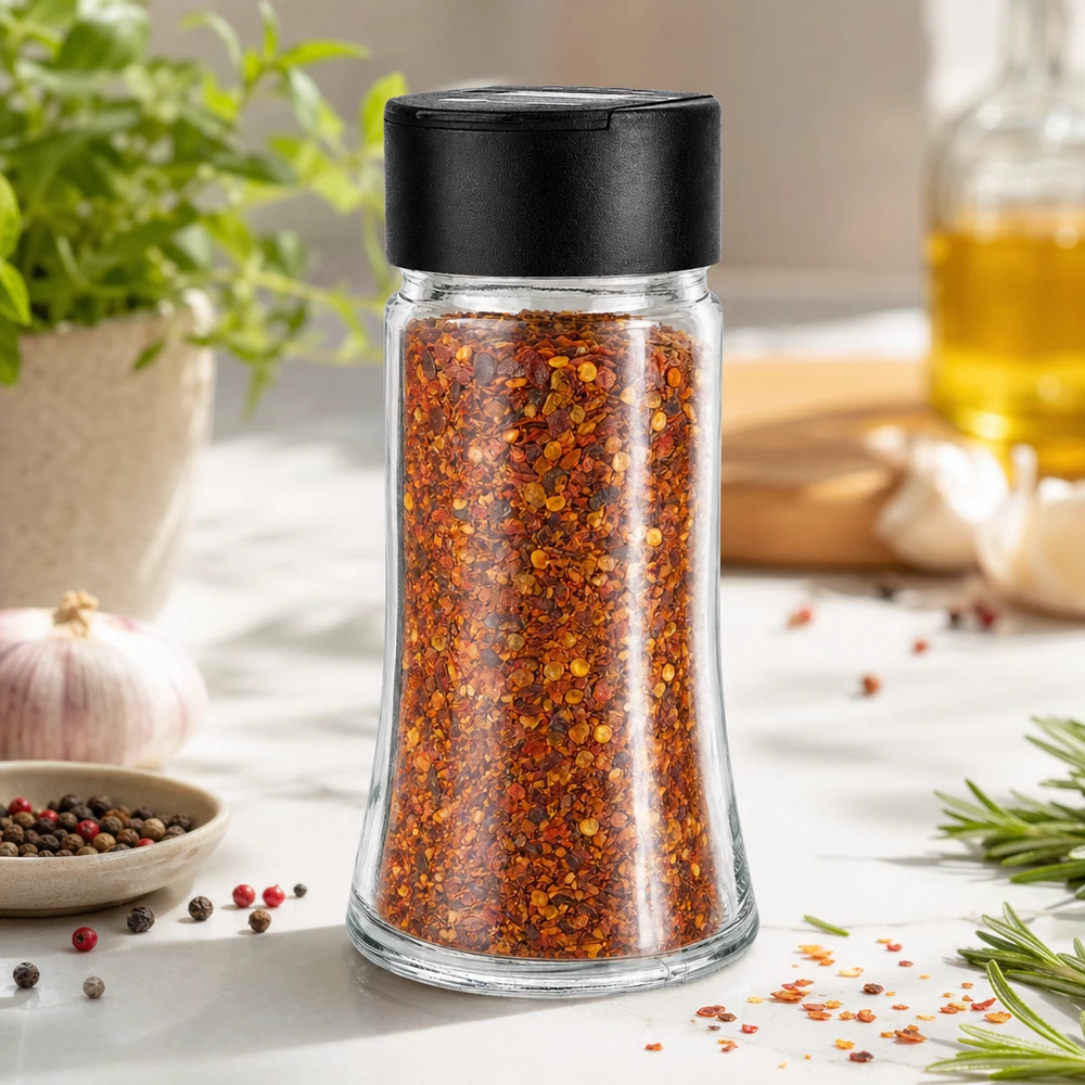 Salz-/Gewürzglas 95ml mit Doppelstreuer schwarz Kompaktes Küchengewürzglas 95ml mit Doppelstreuer gefüllt mit roten Paprikaflocken