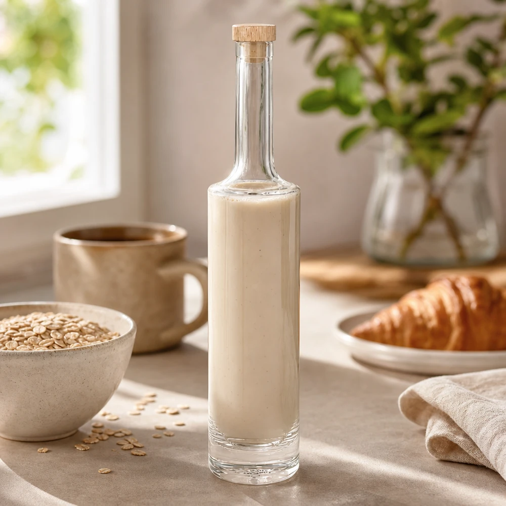 500ml Glasflasche Rosa mit cremiger Hafermilch in gemütlicher Küche neben Haferflocken und Croissant Holzkorken