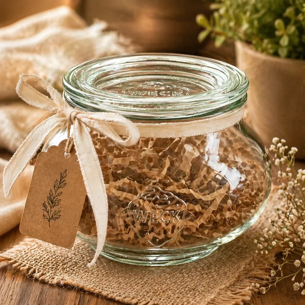 WECK Schmuckglas 220ml RR60 dekorativ befüllt mit Korkstückchen Geschenkverpackung Schleife Kraftpapier-Anhänger