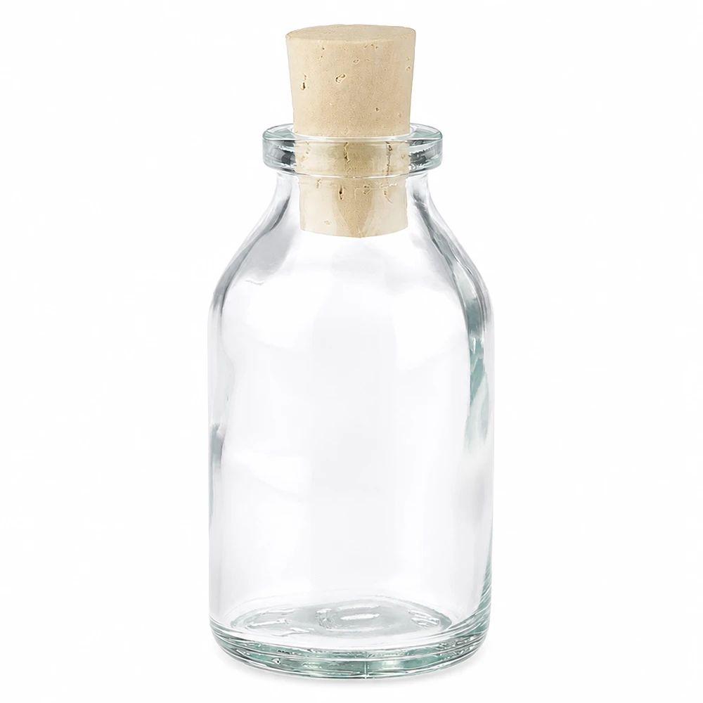 Miniaturflasche Klarglas 20ml mit hellem Korken von oben fotografiert