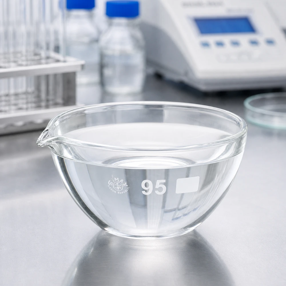 170ml Abdampfschale mit Ausguss Borosilikat ø95mm Kompakte 95mm Abdampfschale mit Ausgießer aus Borosilikatglas für kleine Probenmengen