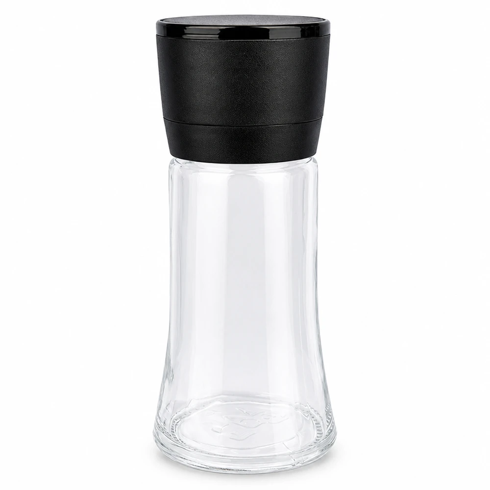 Salz-/Gewürzglas 95ml mit Mühle Vario schwarz Transparentes Gewürzglas 95ml mit schwarzem Kunststoffmahlwerk Vario