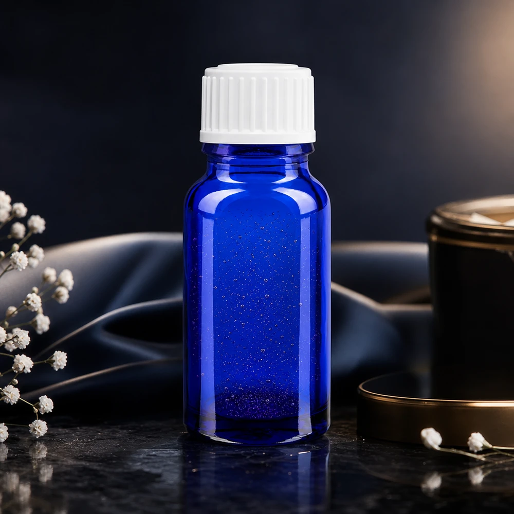 Apothekenflasche blau 10ml Schraubverschluss weiß Globuli Standard Kobaltblaue Pharmaflasche 10ml mit gerilltem Weißverschluss auf dunkler Marmoroberfläche