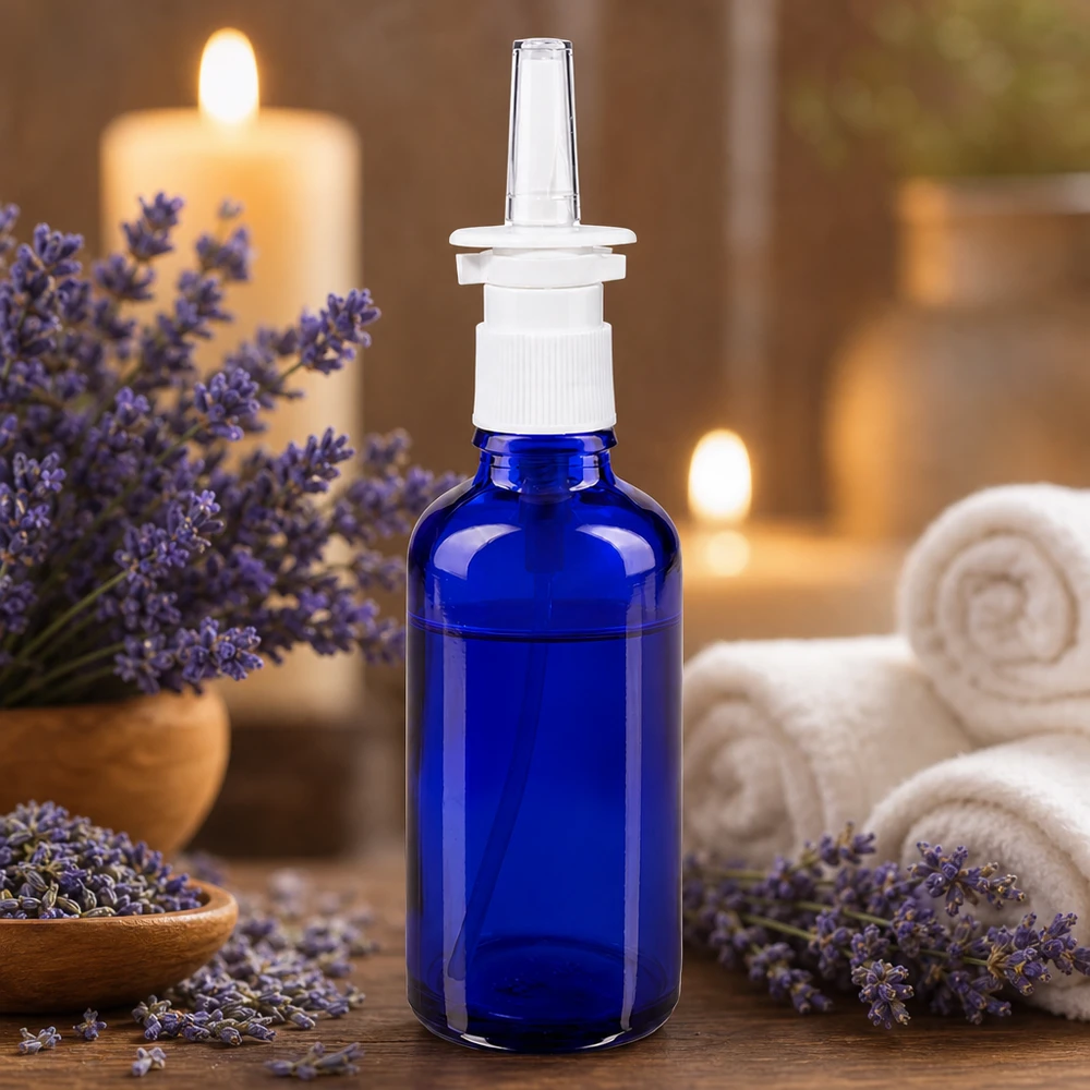 Apothekenflasche blau 50ml Nasenzerstäuber weiß Standard Aromatherapie-Nasensprayflasche 50ml kobaltblau mit transparenter Düse in natürlicher Umgebung
