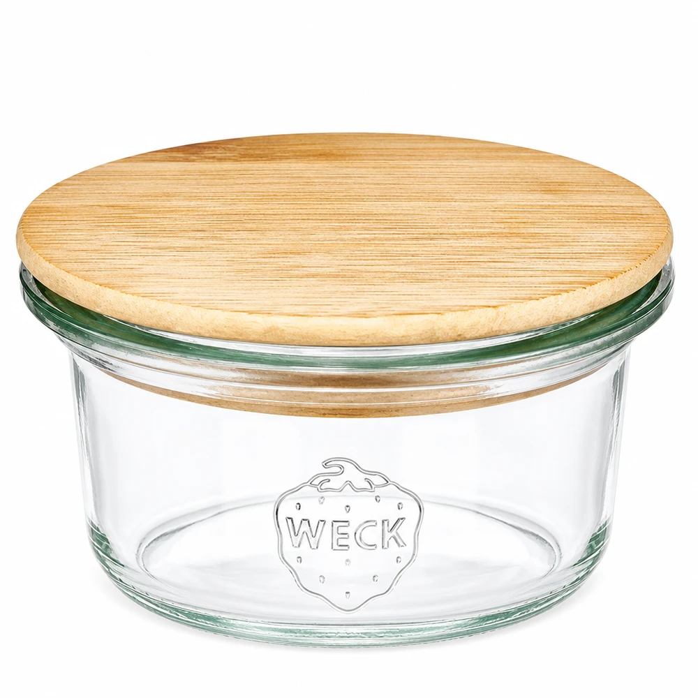 50ml Mini Sturzglas WECK RR60 mit rundem Holzdeckel aus Bambus, transparentes Glas mit WECK Logo