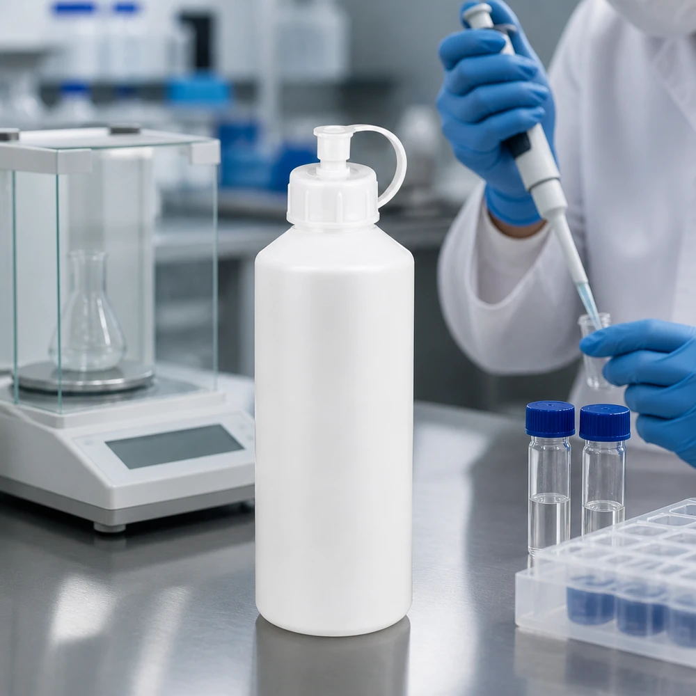 Laborgerechte HDPE Flasche 100ml mit Spritzverschluss neben Analysenwaage und Pipette