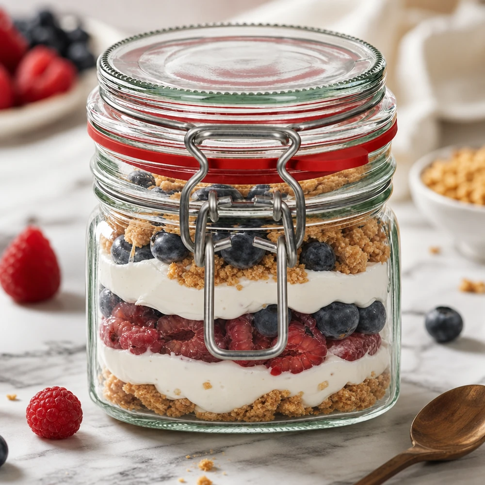 Transparentes Bügelverschlussglas 370ml zeigt bunte Schichten aus Beeren Creme und Keksen