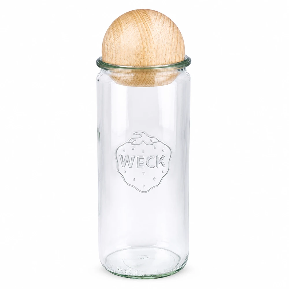 WECK Zylinderglas 1040ml RR80 mit Holzkugel aus Buche als Deckel, klares Einmachglas mit Markenlogo