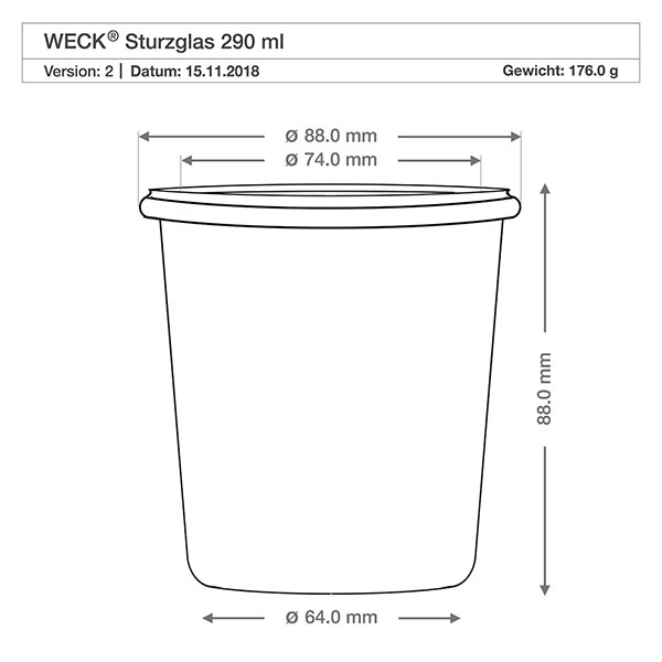 290ml Sturzglas hoch WECK RR80 Technische Zeichnung WECK Sturzglas 290ml RR80 mit Maßangaben Durchmesser Höhe für präzise Küchenplanung