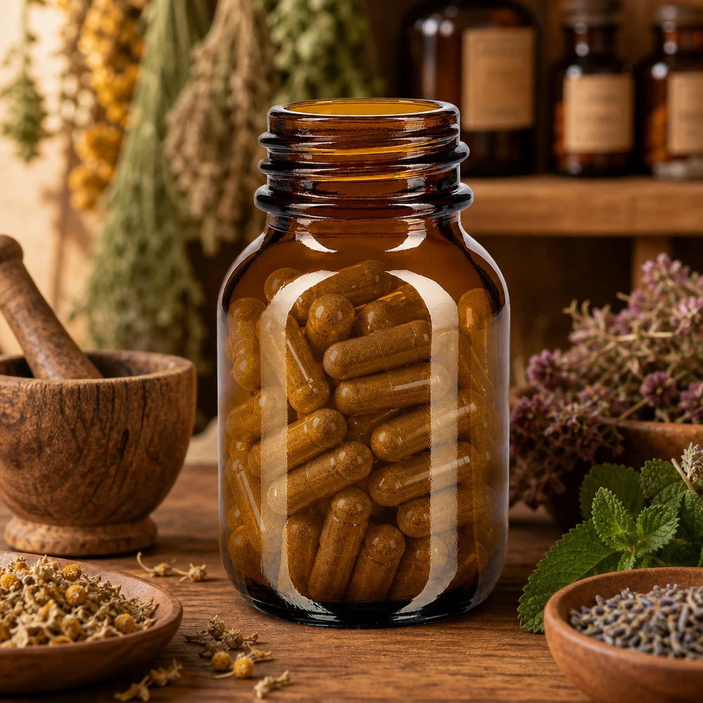 Braune 50ml Glasflasche mit weitem Hals ermöglicht hygienische Entnahme von Tabletten