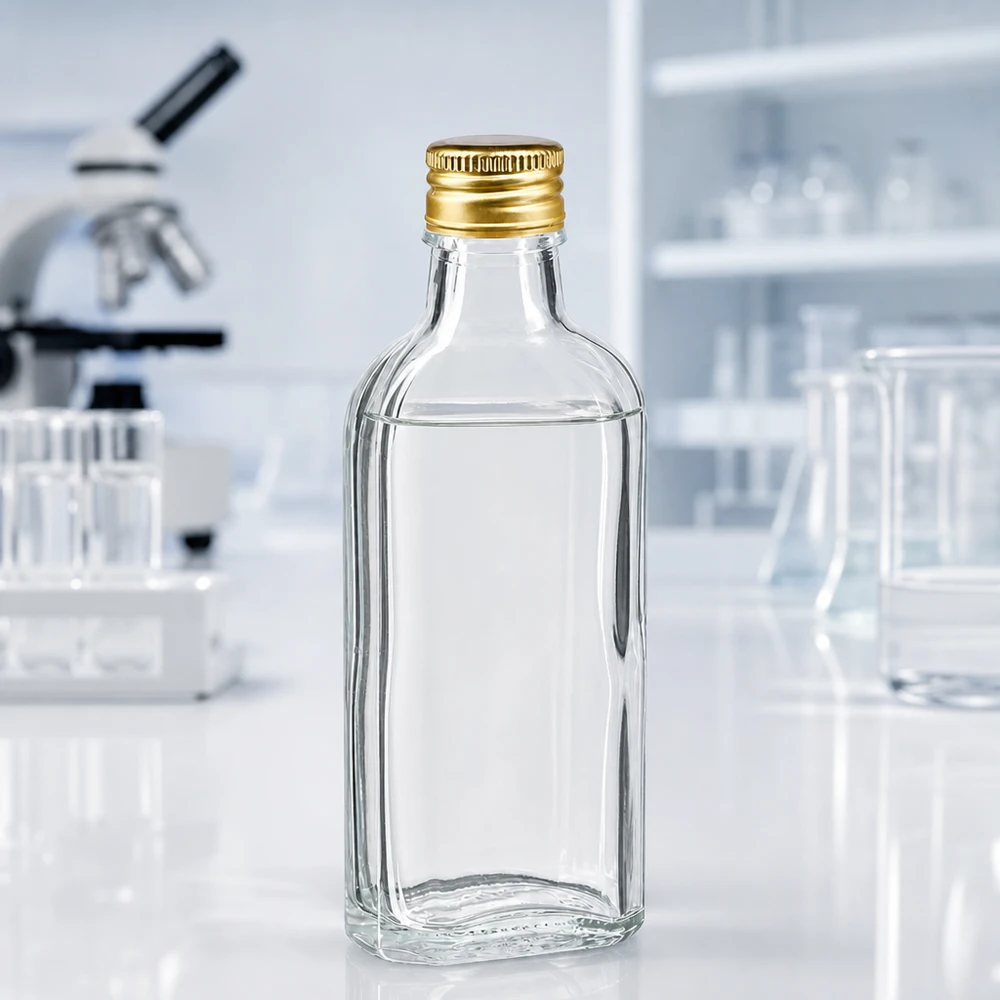 100 ml Meplat klar mit Alu Verschluss gold PP22 Klare Meplat Flasche 100ml aus Glas mit goldfarbenem Aluverschluss PP22 Frontansicht