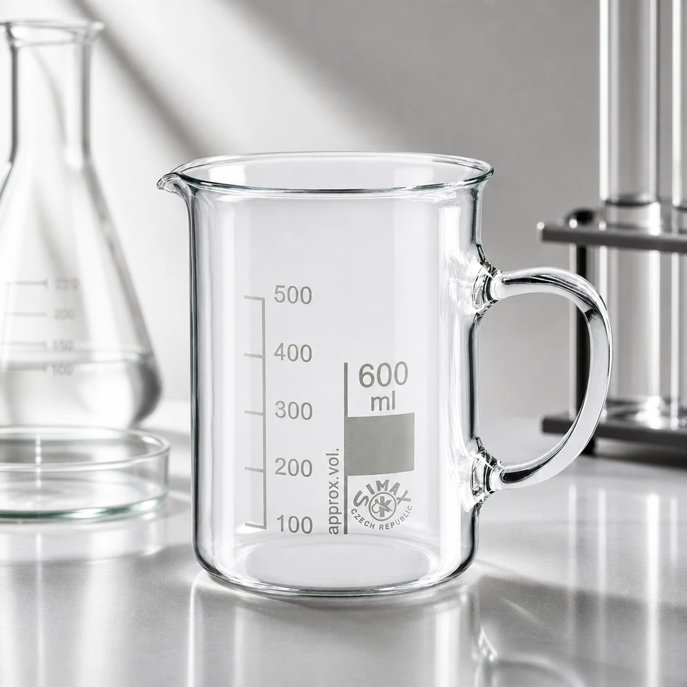 Becherglas 600ml Borosilikatglas, mit Henkel Klares Becherglas mit Griff 600ml Borosilikatglas Laborausstattung Gesamtansicht