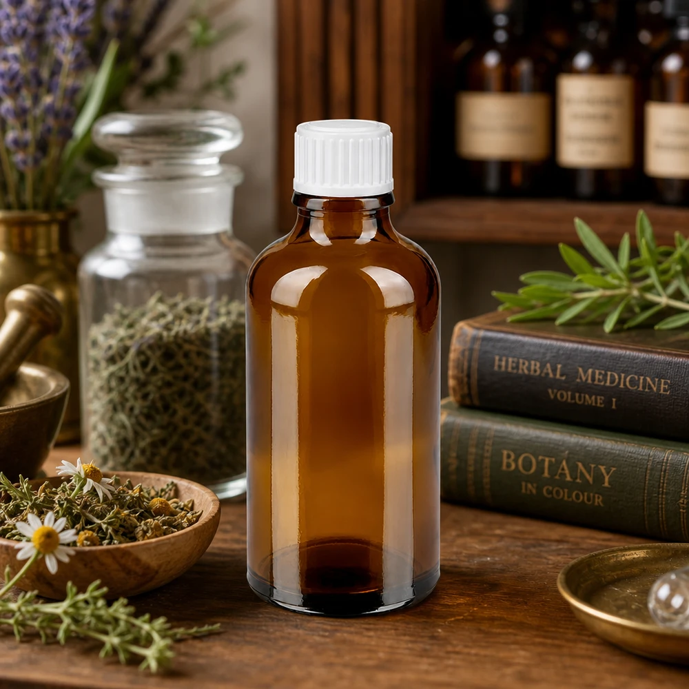 Braune Glasflasche 50ml für Naturheilkunde umgeben von getrockneten Kamillenblüten und Kräutern