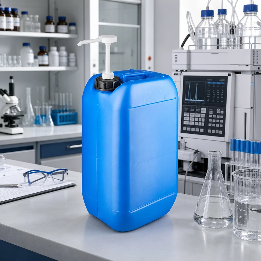 Blauer HDPE Kanister 15 Liter mit Dosierpumpe auf weißer Laborarbeitsplatte