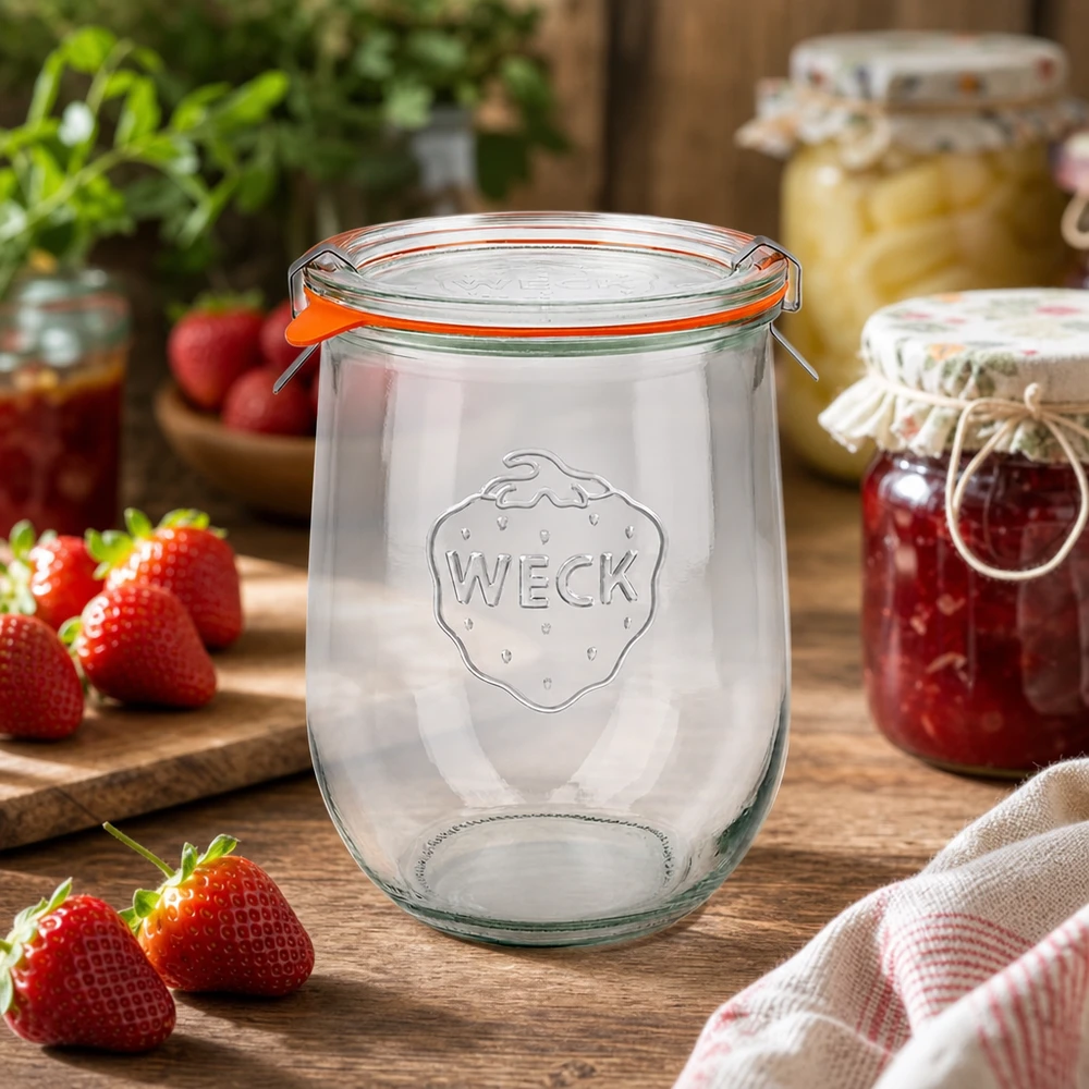 WECK Tulpenglas 1062ml RR100 leer mit Erdbeeren und selbstgemachten Konfitüren auf rustikalem Holztisch in Küche