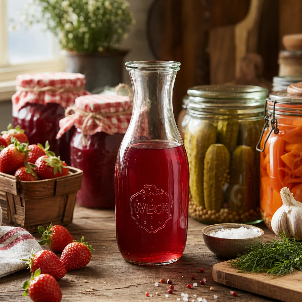 WECK Saftflasche 1062ml mit rotem Erdbeersaft gefüllt umgeben von frischen Erdbeeren und Einmachgläsern in Küche