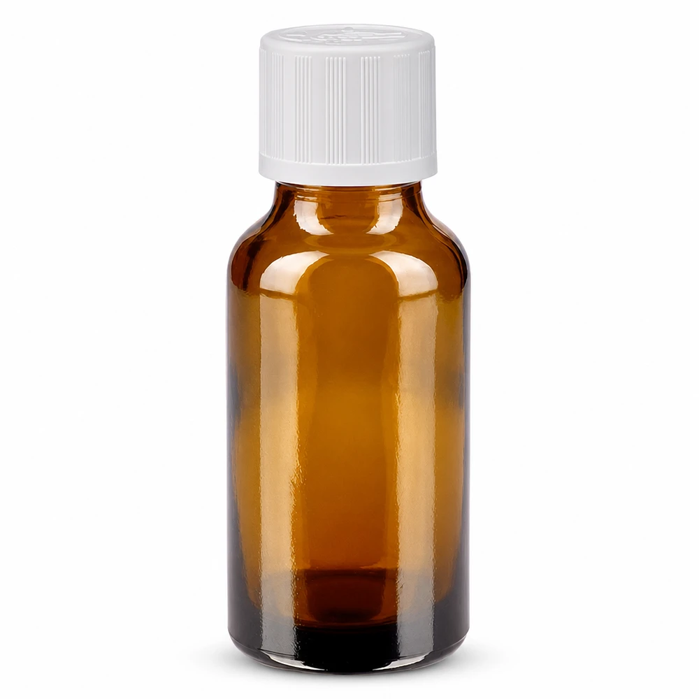 Kleine Braunglasflasche 20ml mit weißem Schraubverschluss und Kindersicherung 11mm