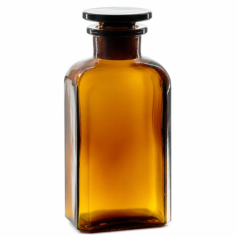 Vierkantflasche 250ml braun Weithals Glasstopfen Weithals Vierkantflasche 250ml aus braunem Glas mit aufgesetztem Stopfen