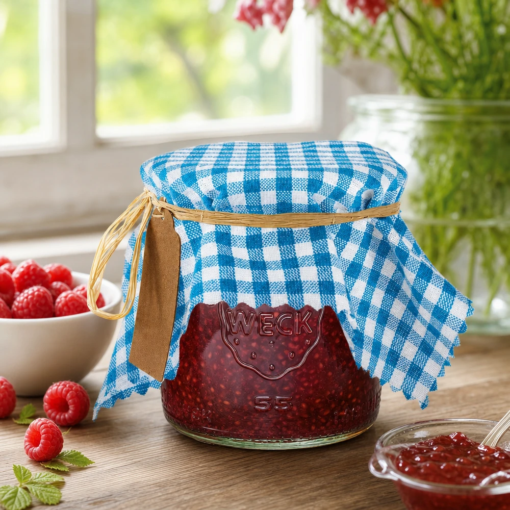 Stoff Schmuckdeckchen türkis-kariert 15cm eckig Türkis-kariertes Stoff Schmuckdeckchen 15cm für selbstgemachte Marmelade mit Himbeeren dekorativ inszeniert