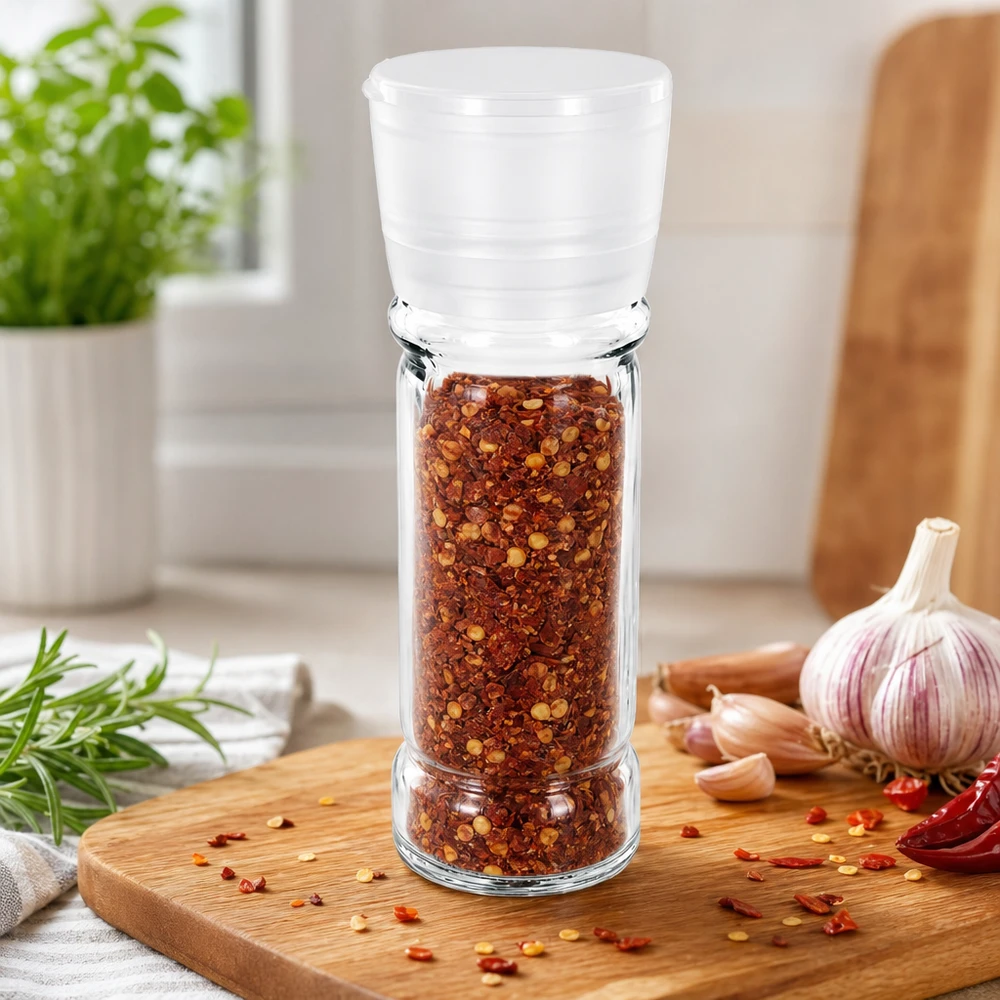 Salz-/Gewürzglas 100ml mit Mühle Vario weiss Transparentes Glasgefäß 100ml mit Kunststoffmühle Vario weiß für scharfe Gewürze