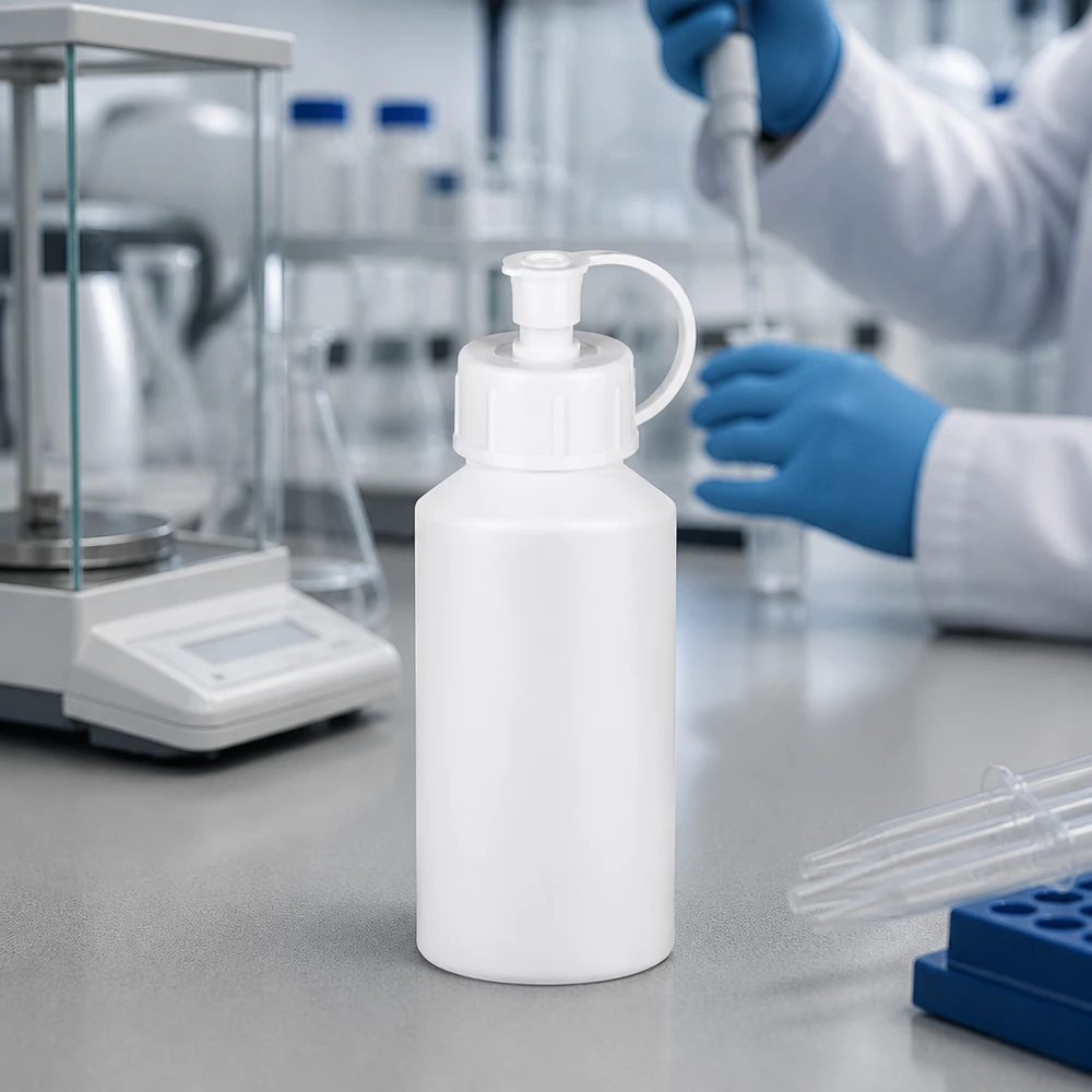 Pharmazeutische Dosierflasche 50ml aus HDPE mit Spritzverschluss vor Laborausstattung