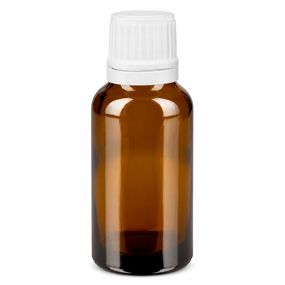 Apothekenflasche braun 20ml Tropfverschluss 1.2mm weiß Originalitätsverschluss Kleine Tropfflasche 20ml aus braunem Apothekerglas mit weißem OV-Verschluss 0.7mm Öffnung