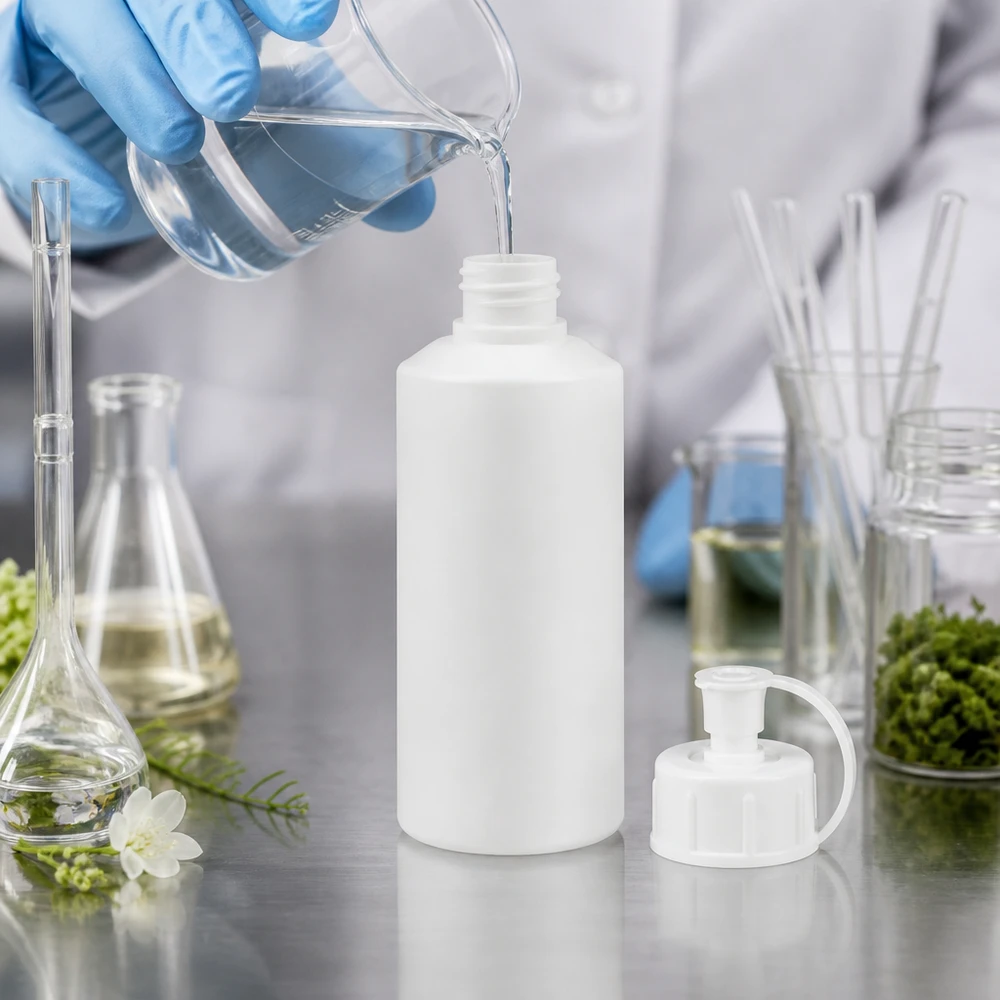 Kleine weiße HDPE Flasche 30ml mit Pumpverschluss umgeben von Laborglasgeräten und Pflanzen