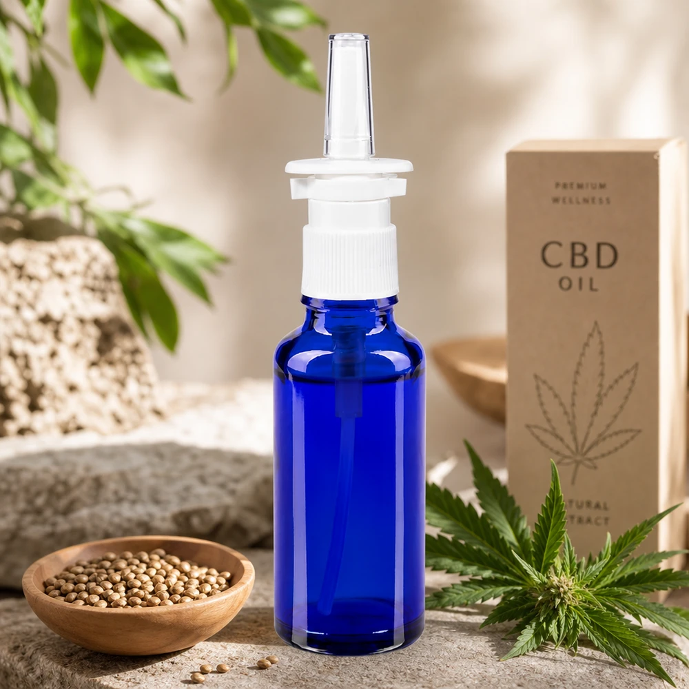 Apothekenflasche blau 30ml Nasenzerstäuber weiß Standard Blaue Glasnasensprayflasche 30ml mit weißem Pumpmechanismus zwischen Hanfpflanze und Samen