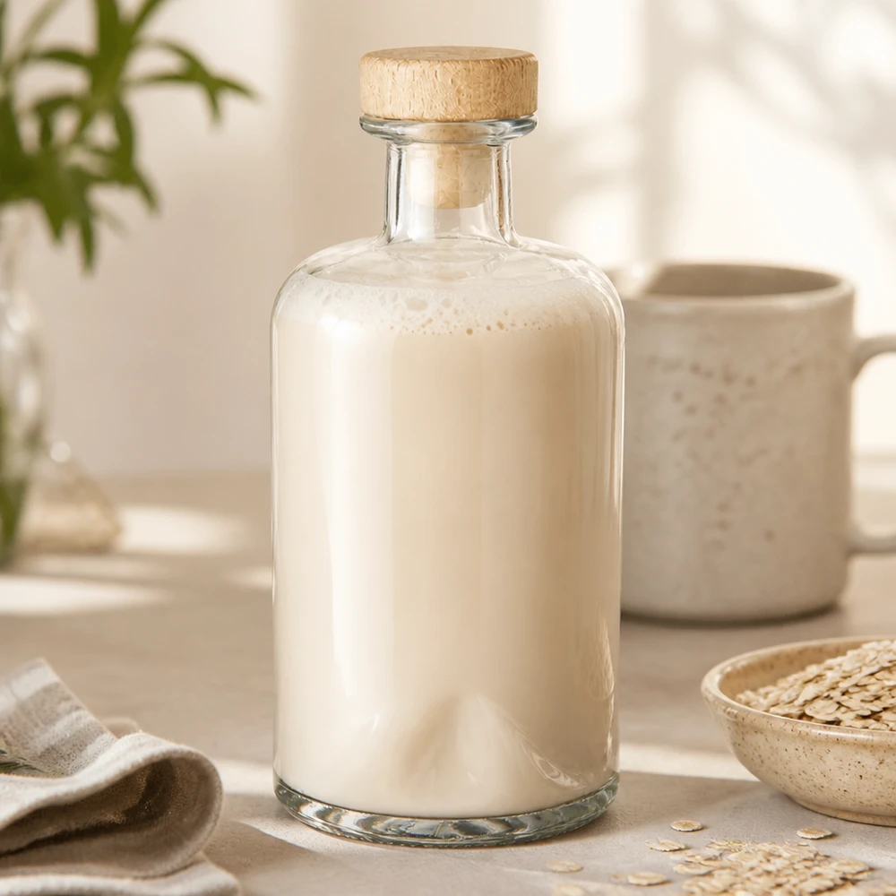 500ml Apothekenflasche "Classic" mit Holzgriffkorken UNiTWIST® 500ml Glasflasche Sofia mit cremiger Hafermilch befüllt neben Haferflocken in natürlicher Küchenszene Lifestyle