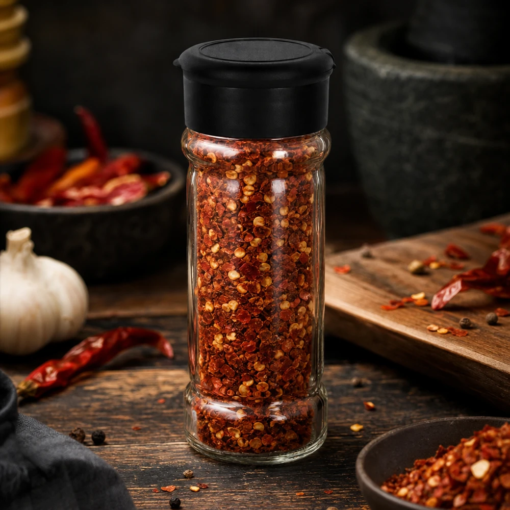 Salz-/Gewürzglas 100ml mit Streuer schwarz Kleines Streuglas 100ml aus Glas mit schwarzem Deckel zwischen getrockneten Chilischoten