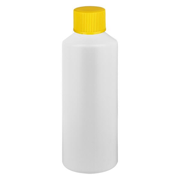 Apothekenflasche HDPE 100ml weiß, mit gelbem Schraubverschluss Apothekenflasche HDPE 100ml weiß, mit gelbem Schraubverschluss