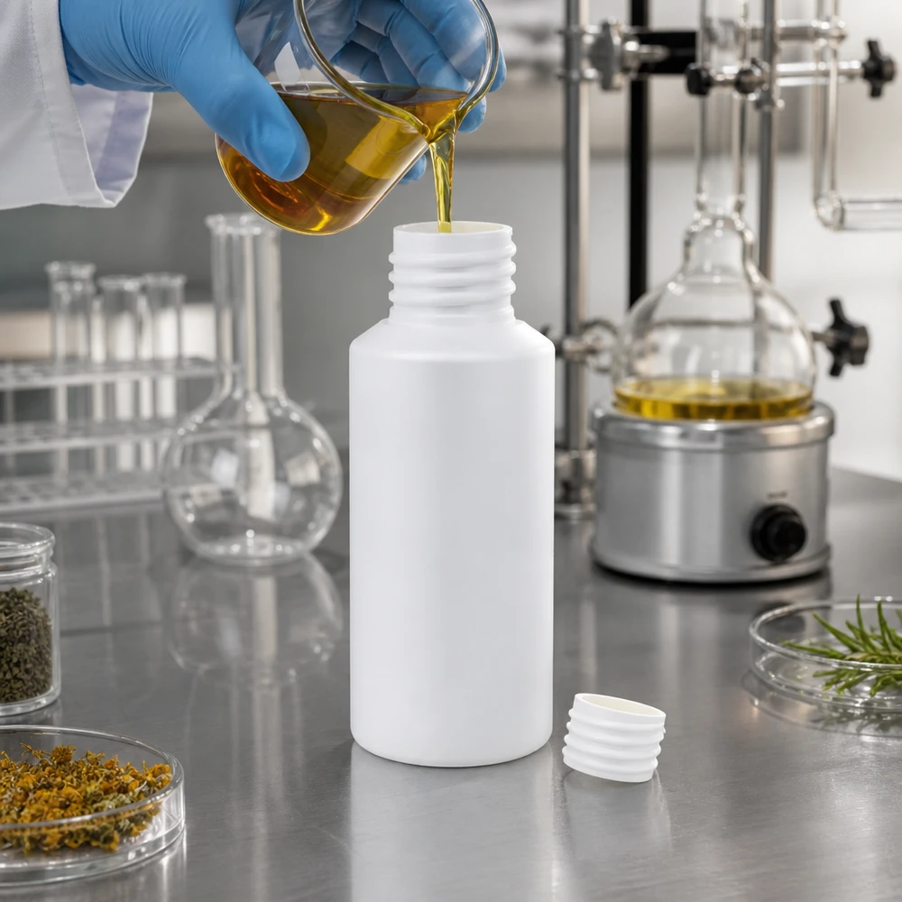 HDPE Rundflasche 30ml weiß ohne Deckel beim Abfüllen von ätherischem Öl in professionellem Labor
