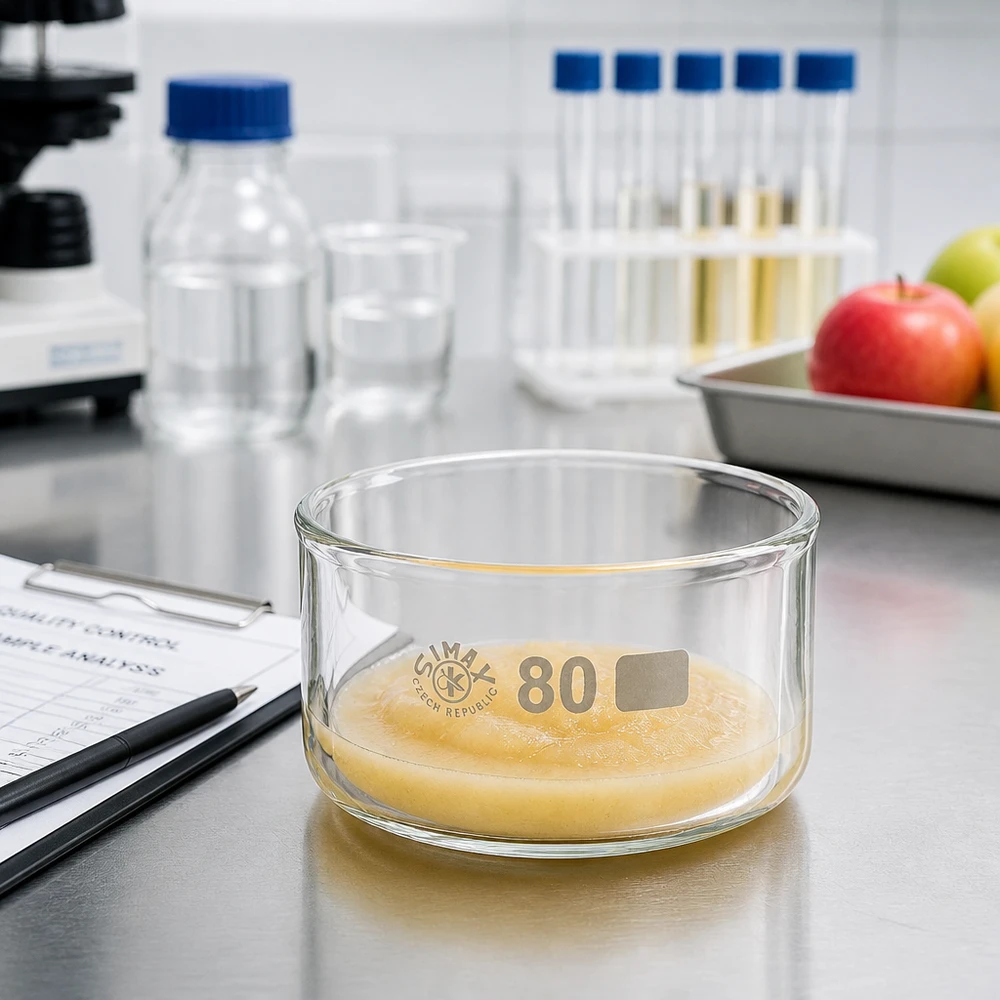 SIMAX Glasschale 150ml bei Qualitätskontrolle Lebensmittelanalyse mit Früchten im Hintergrund