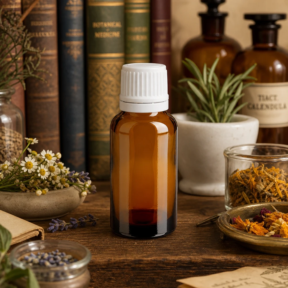 Apothekenflasche braun 20ml Schraubverschluss weiß Originalitätsverschluss 20ml Braunglas Flasche mit OV weiss auf Holztisch umgeben von Lavendel Kamille und Ringelblume