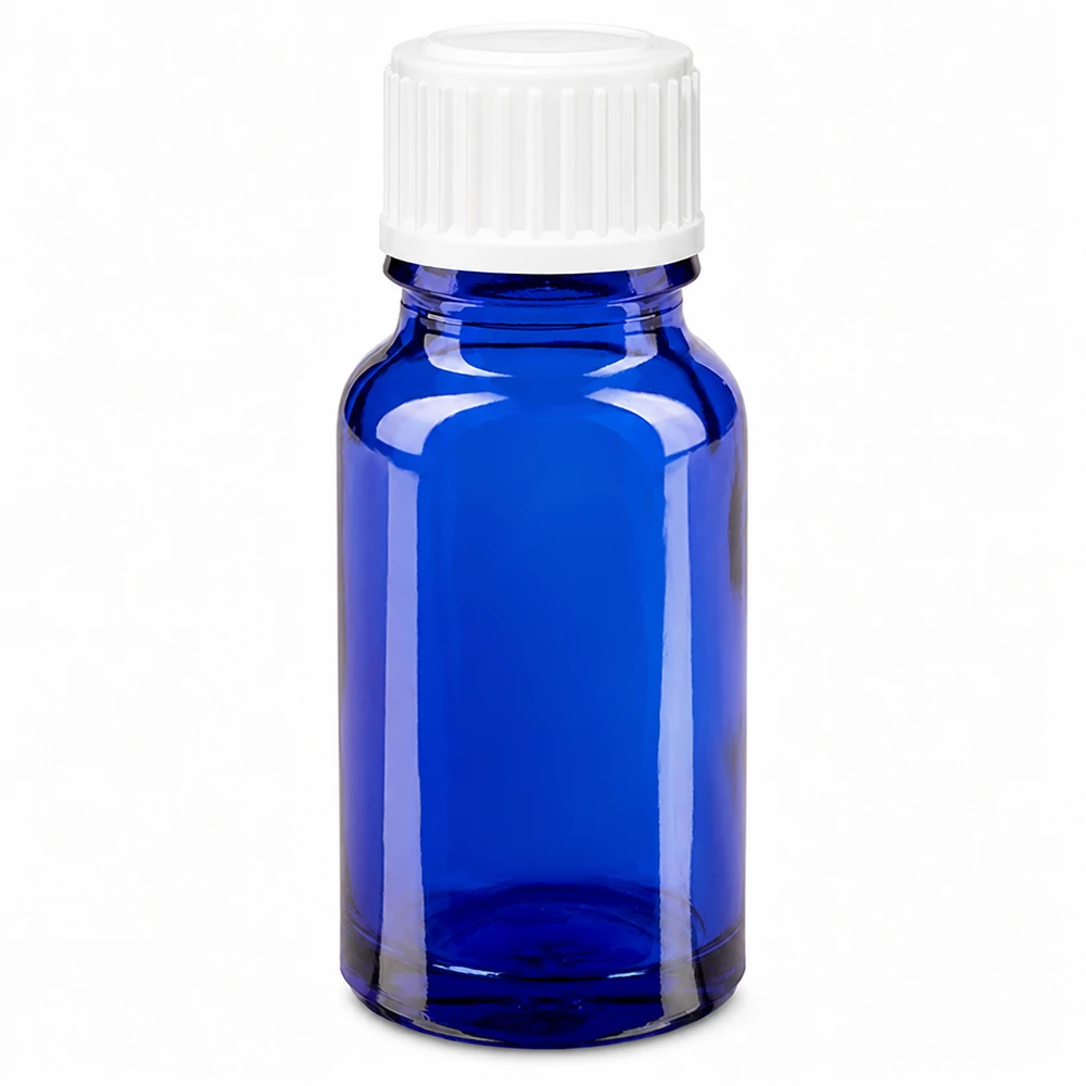Apothekenflasche blau 10ml Schraubverschluss weiß Standard Blaue Glasflasche 10ml mit weißem Kindersicherheitsverschluss für Apotheken