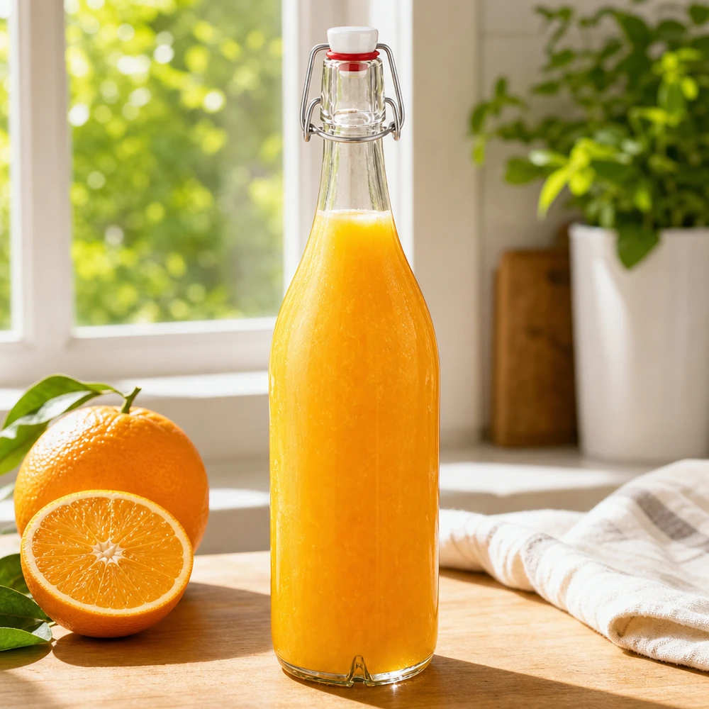 1000ml Glasflasche Bügelverschluss PVC mit frischem Orangensaft gefüllt neben Orange auf Holzbrett Fensterbank