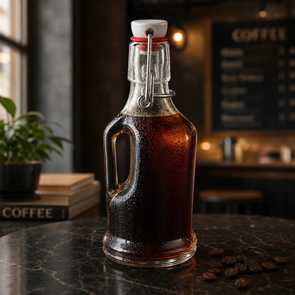200ml Glasflasche "Bertha" + PVC Bügelverschluss UNiTWIST Glasflasche Bertha 200ml mit dunklem Kaffee-Sirup gefüllt, Bügelverschluss, Kaffeebohnen-Deko, Küchen-Ambiente