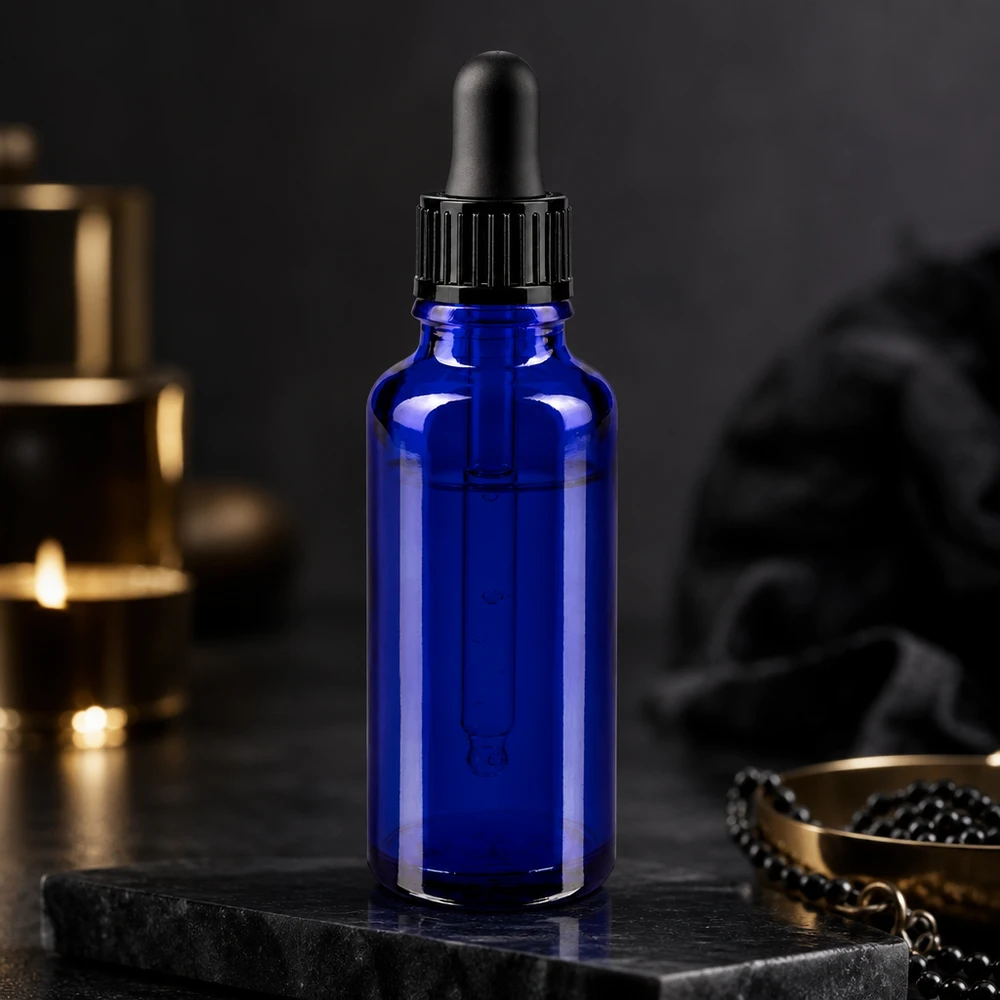 Kobaltblaue 30ml Apothekerflasche mit Pipettenverschluss schwarz neben goldenen Accessoires