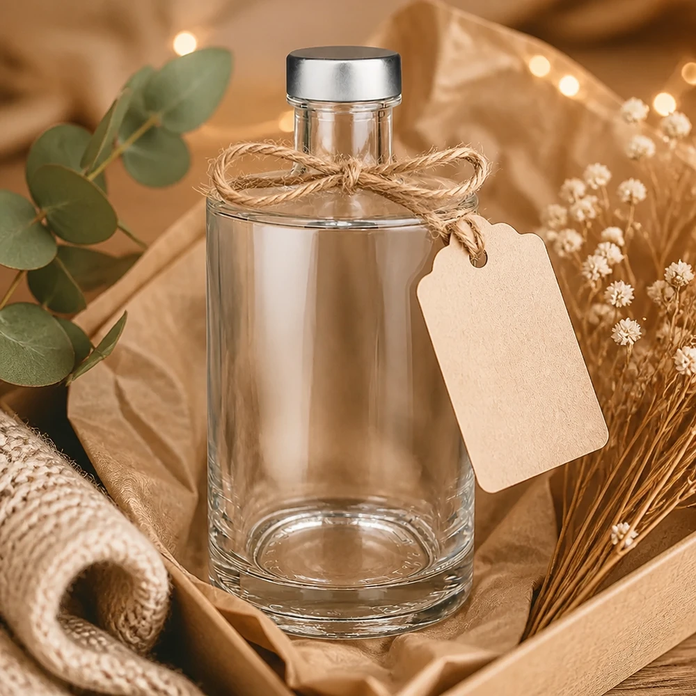 375ml Glasflasche "Sam" + Schraubverschluss silber UNiTWIST 375ml Glasflasche Sam mit Geschenkanhänger und Juteschnur - stilvolle Präsentation mit natürlicher Dekoration