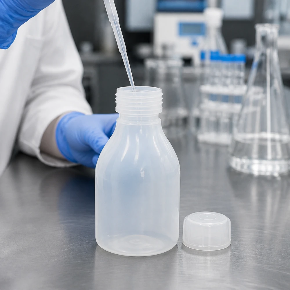 Befüllung einer 30ml Enghals-Laborflasche mit Pipette neben Erlenmeyerkolben im Labor
