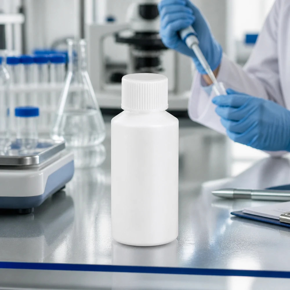 Apothekenflasche HDPE 50ml weiß, mit weißem Schraubverschluss HDPE Pharmaflasche 50ml weiss mit weitem Hals und Sicherheitsverschluss für Laborprodukte