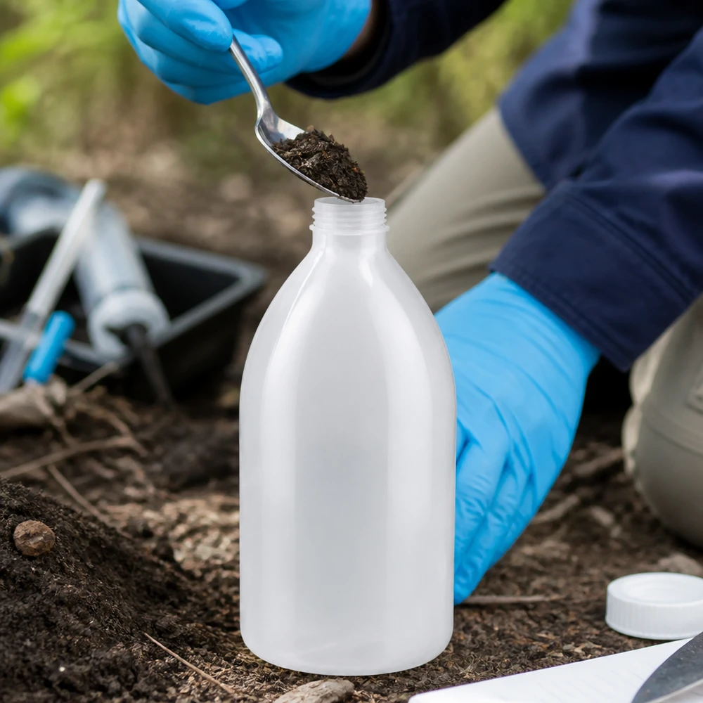 Feldforschung mit 1000ml Enghals Laborflasche HDPE zur Bodenanalyse ohne Verschluss