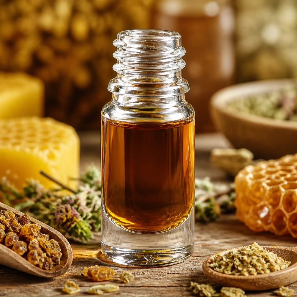 5ml ApoGlas Apothekerflasche mit bernsteinfarbiger Tinktur umgeben von Heilkräutern und Honig