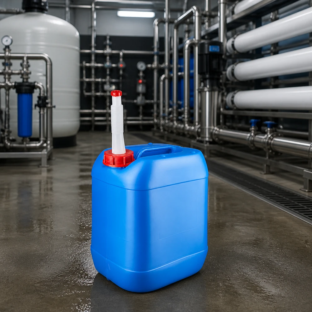 Lebensmittelechter Kunststoffkanister 20 Liter mit Griffmulde und flexiblem Einfüllstutzen blau