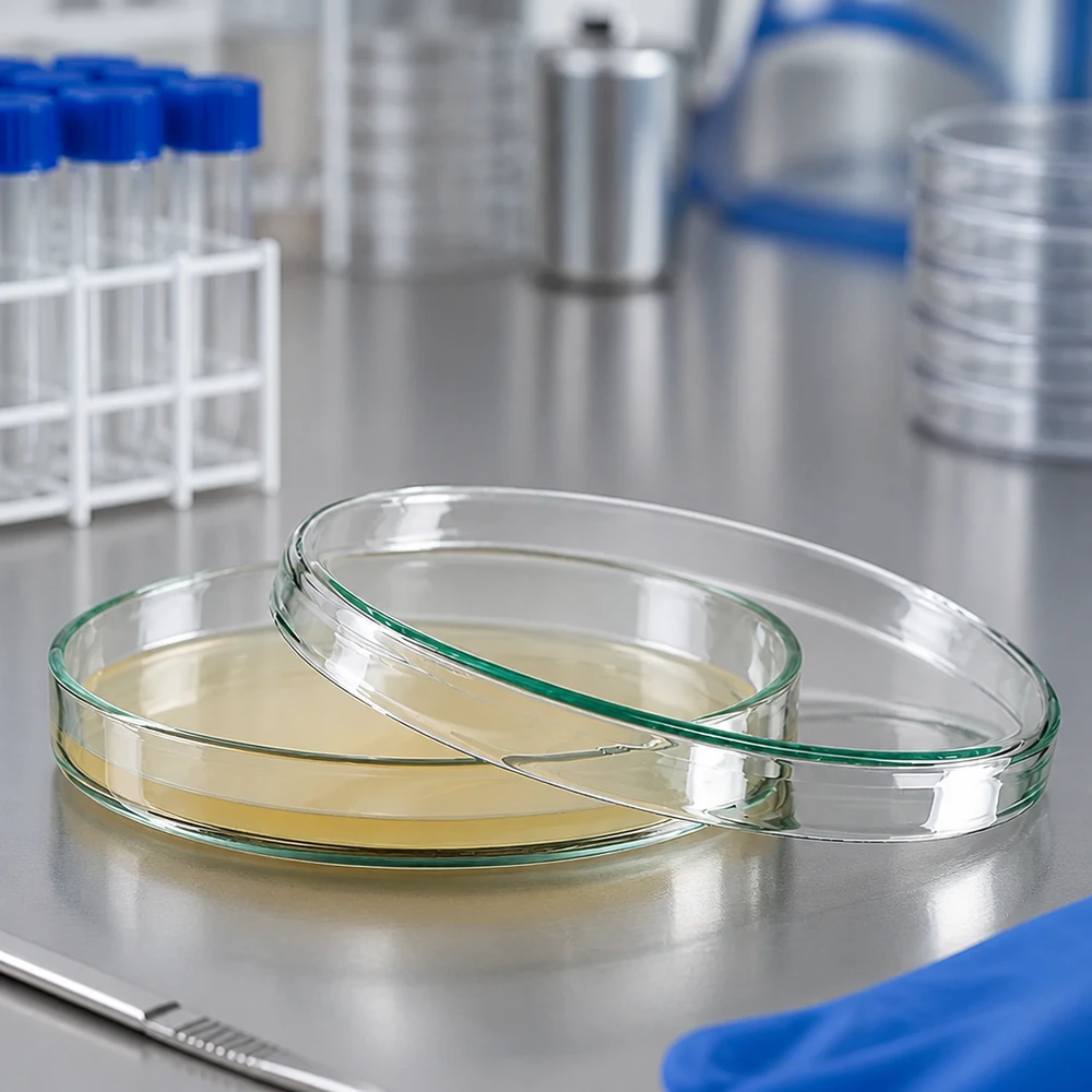 Petrischale Glas 100x15mm geöffnet mit Agar-Medium neben Reagenzgläsern im Labor