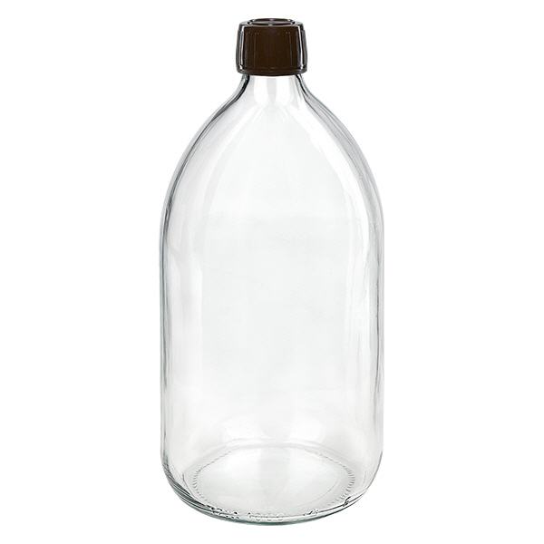 1000ml Medizinflasche klar, Verschluss braun mit Originalitätsring ApoGlas 1000ml Medizinflasche klar, Verschluss braun mit Originalitätsring ApoGlas