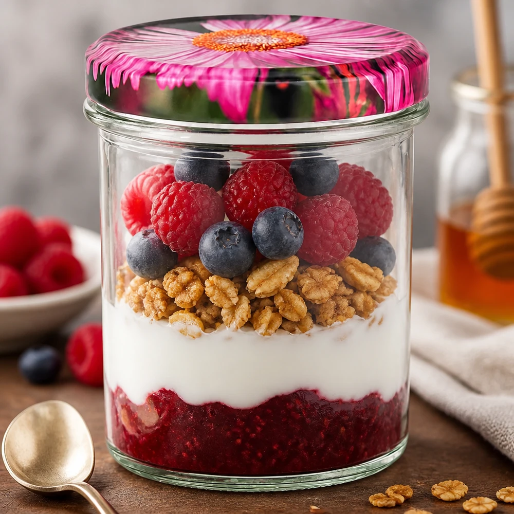 350ml Sturzglas + BasicSeal Deckel Blüten-Dekor UN Sturzglas 350ml mit Gerbera-Deckel als Dessertglas mit Joghurt Beeren Nüssen Schichtdessert auf Holztisch
