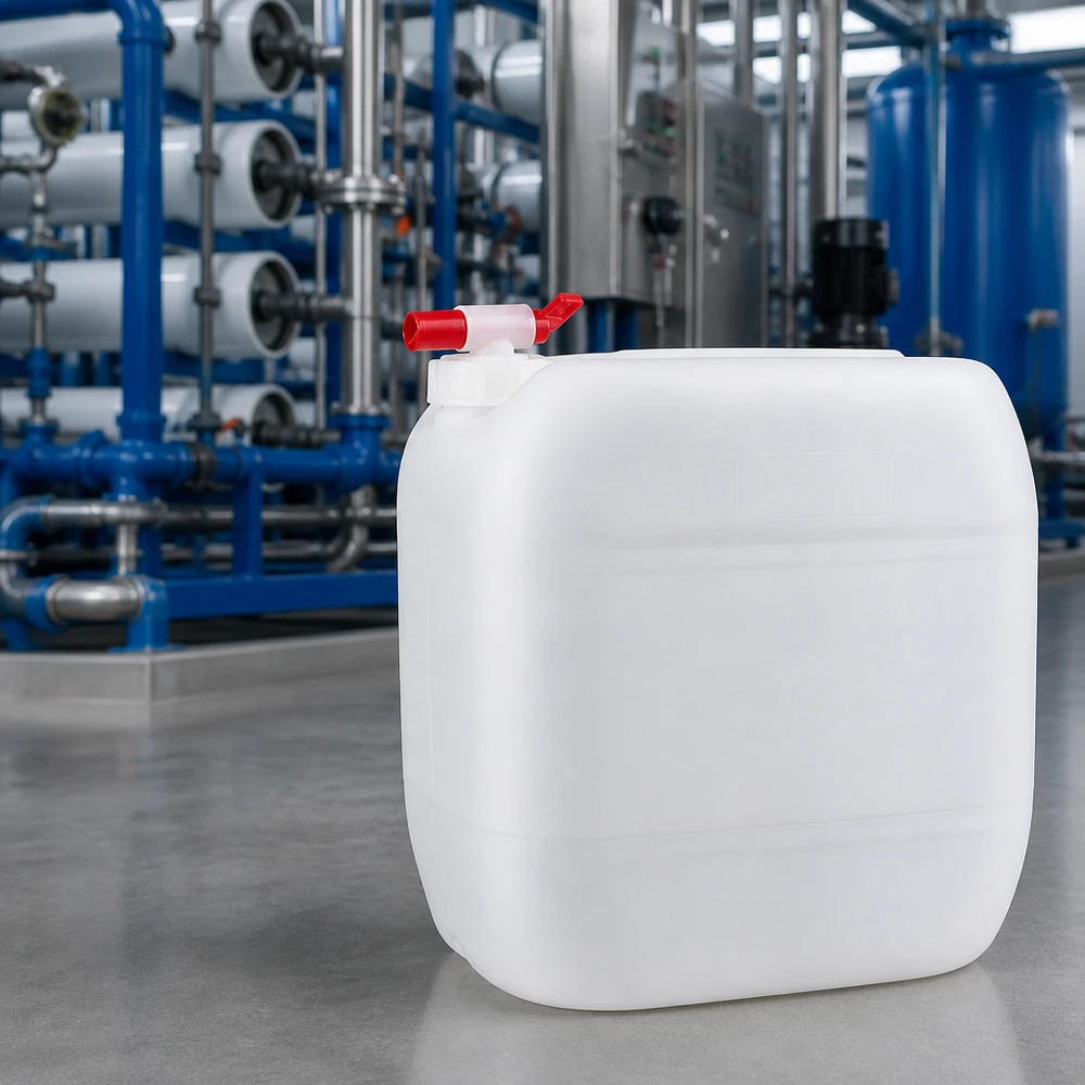 Stapelbarer HDPE Kanister 30L mit Zapfhahn in moderner Industrieumgebung