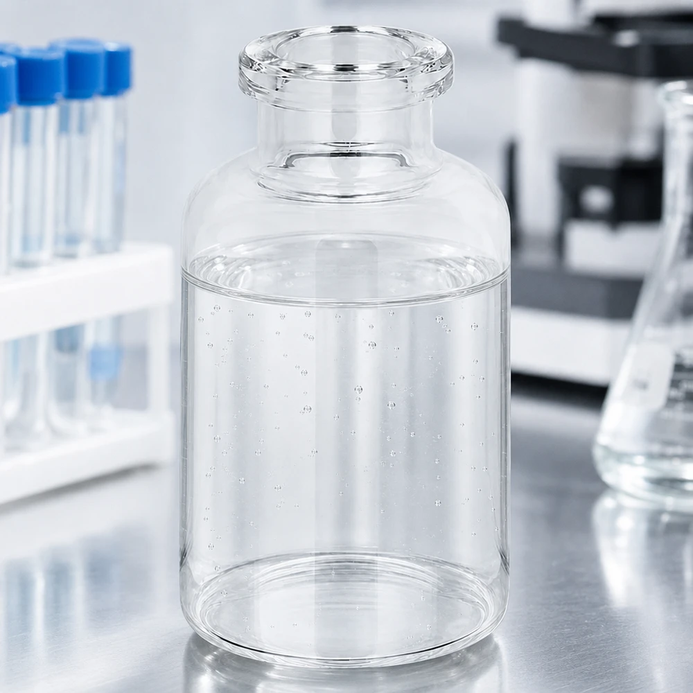 Injektionsflasche Klarglas 20ml hochglänzend mit breitem Flaschenkörper und engem Rollrand